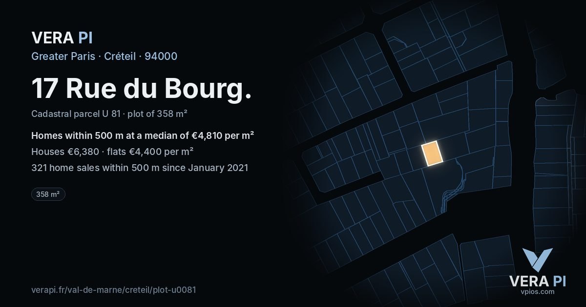 17 Rue du Bourg, Créteil at night – the plot lit, the parcels around coloured by the prices near them
