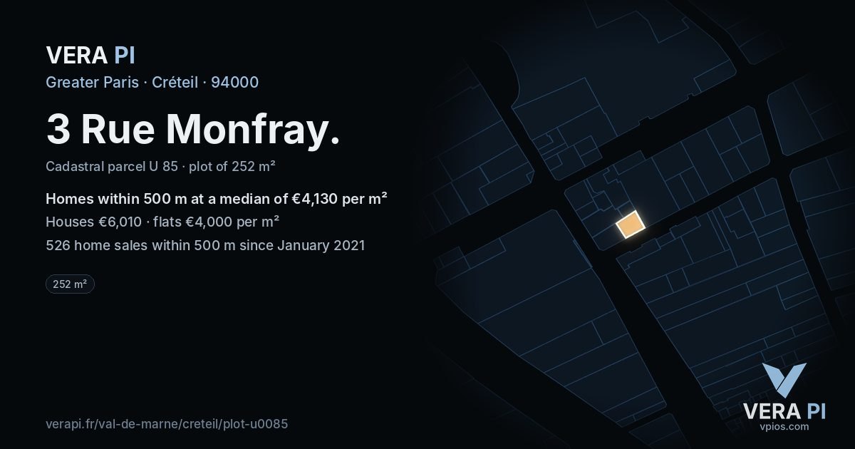 3 Rue Monfray, Créteil at night – the plot lit, the parcels around coloured by the prices near them