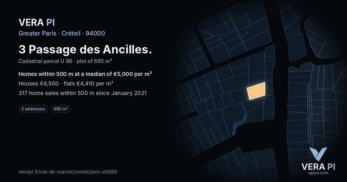 3 Passage des Ancilles, Créteil at night – the plot lit, the parcels around coloured by the prices near them