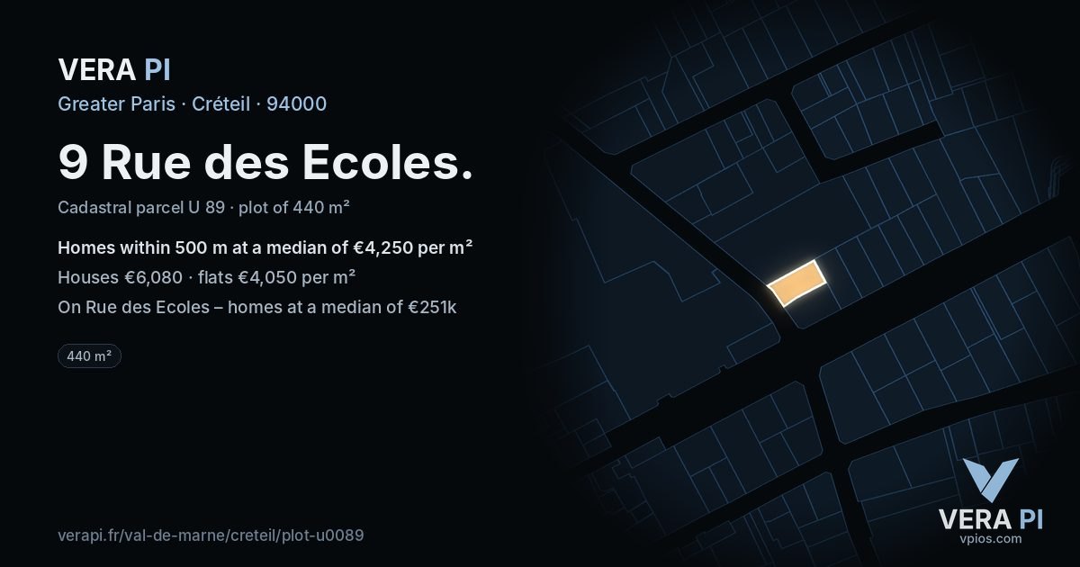 9 Rue des Ecoles, Créteil at night – the plot lit, the parcels around coloured by the prices near them
