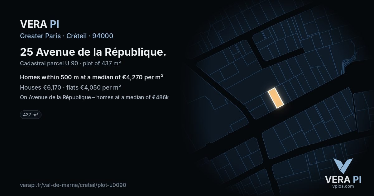 25 Avenue de la République, Créteil at night – the plot lit, the parcels around coloured by the prices near them