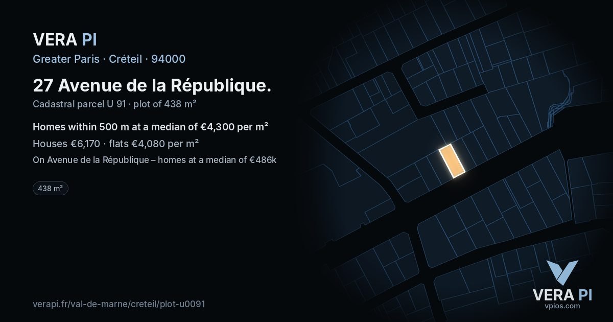 27 Avenue de la République, Créteil at night – the plot lit, the parcels around coloured by the prices near them