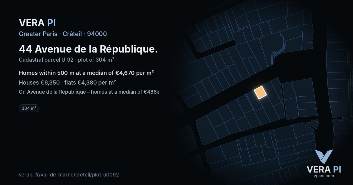44 Avenue de la République, Créteil at night – the plot lit, the parcels around coloured by the prices near them