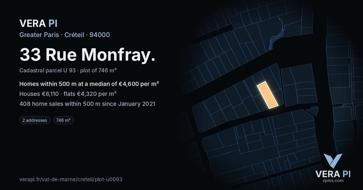 33 Rue Monfray, Créteil at night – the plot lit, the parcels around coloured by the prices near them