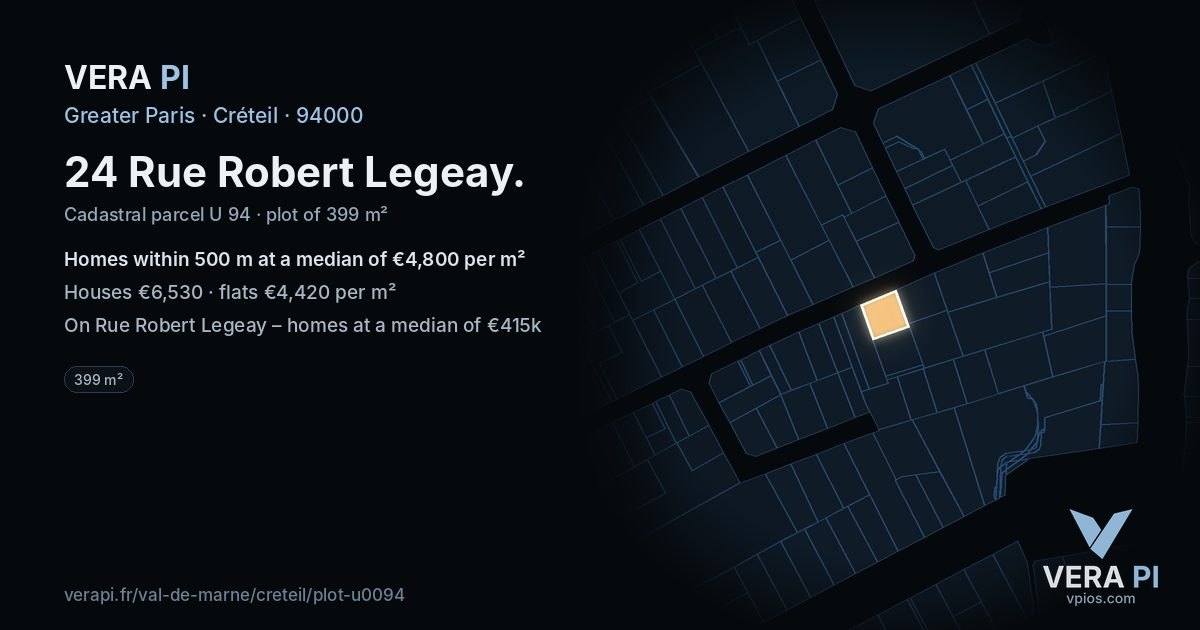24 Rue Robert Legeay, Créteil at night – the plot lit, the parcels around coloured by the prices near them