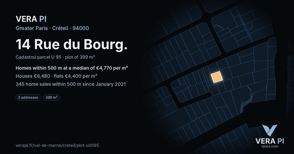 14 Rue du Bourg, Créteil at night – the plot lit, the parcels around coloured by the prices near them