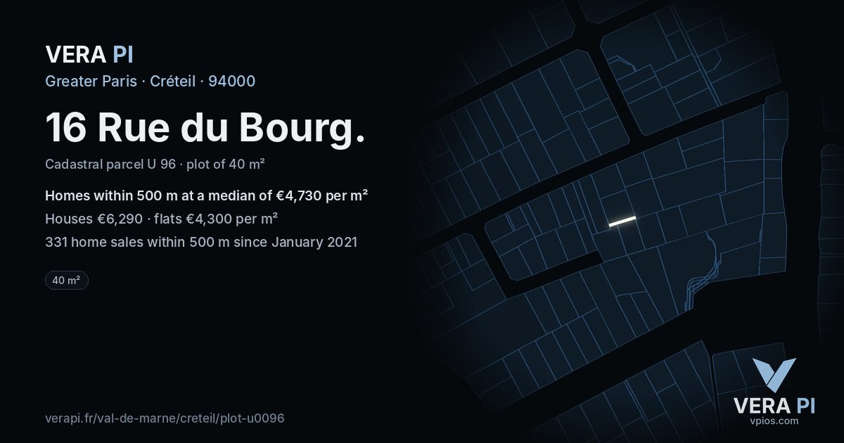 16 Rue du Bourg, Créteil at night – the plot lit, the parcels around coloured by the prices near them