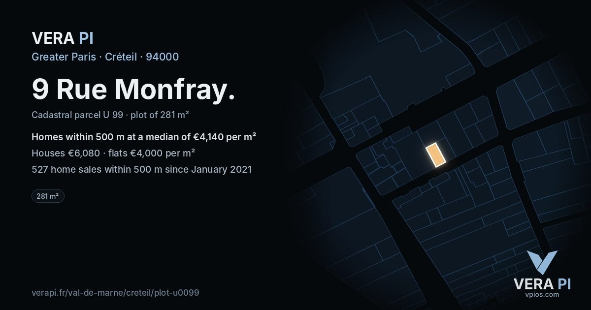 9 Rue Monfray, Créteil at night – the plot lit, the parcels around coloured by the prices near them