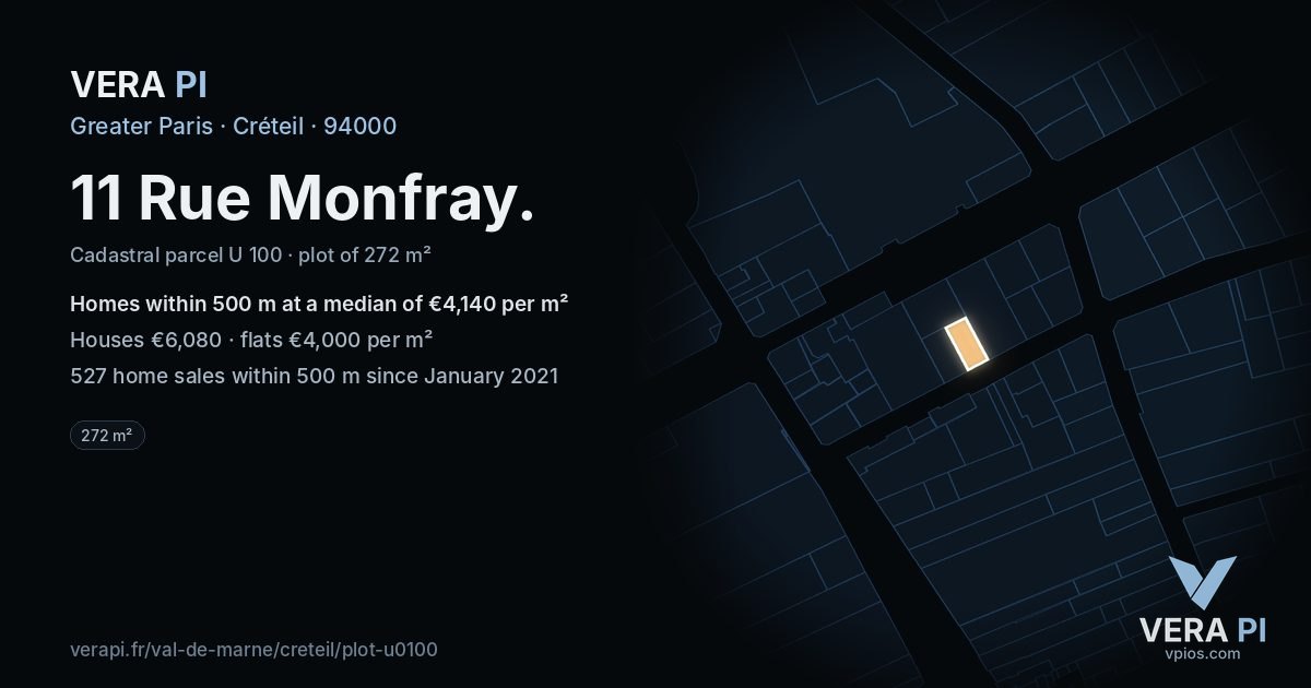 11 Rue Monfray, Créteil at night – the plot lit, the parcels around coloured by the prices near them