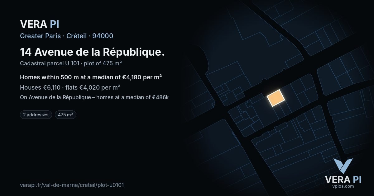 14 Avenue de la République, Créteil at night – the plot lit, the parcels around coloured by the prices near them