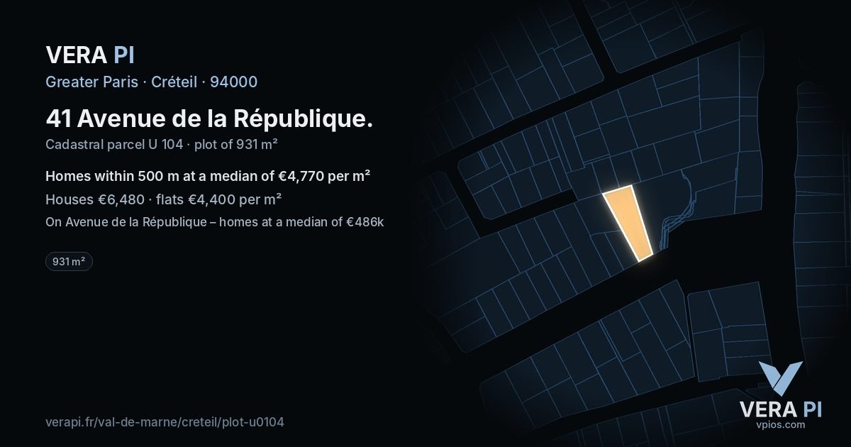 41 Avenue de la République, Créteil at night – the plot lit, the parcels around coloured by the prices near them