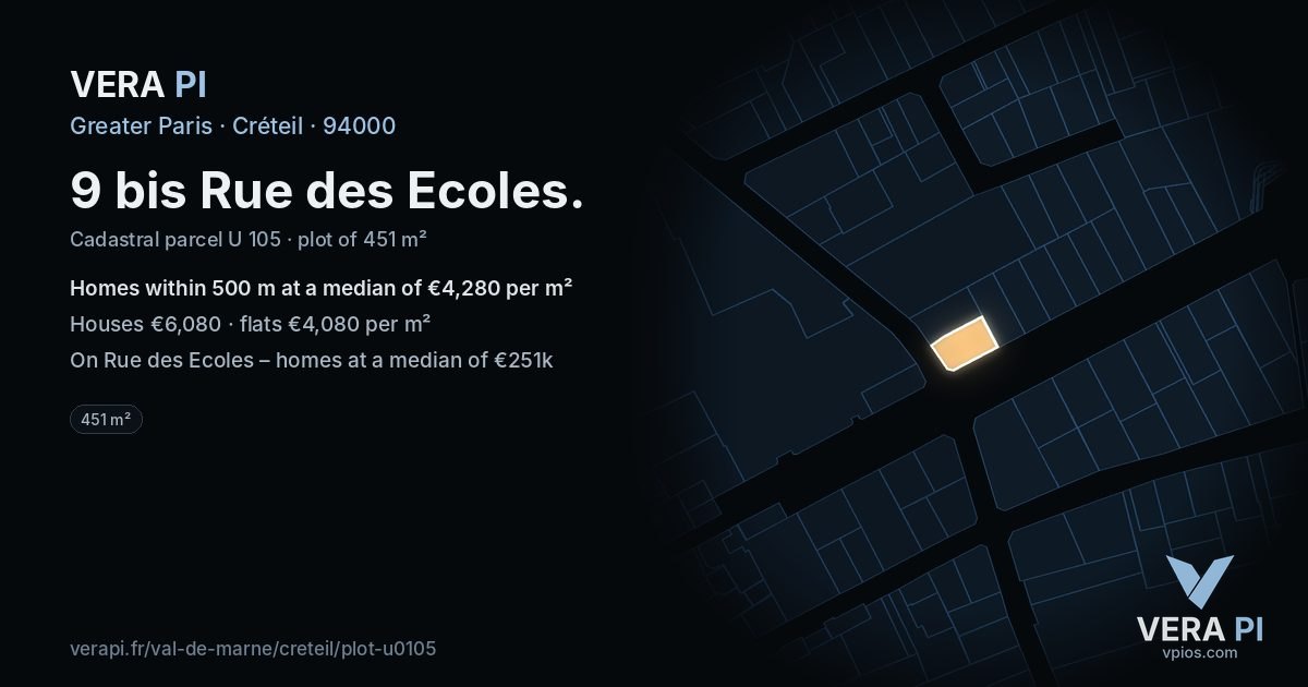 9 bis Rue des Ecoles, Créteil at night – the plot lit, the parcels around coloured by the prices near them