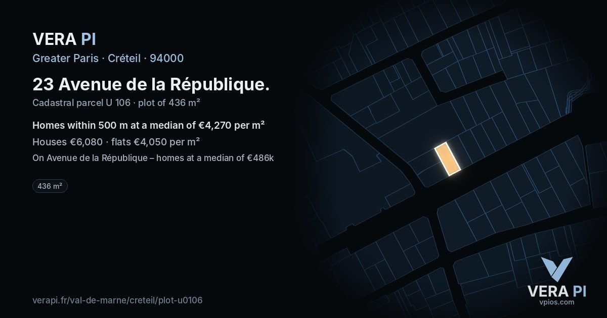 23 Avenue de la République, Créteil at night – the plot lit, the parcels around coloured by the prices near them