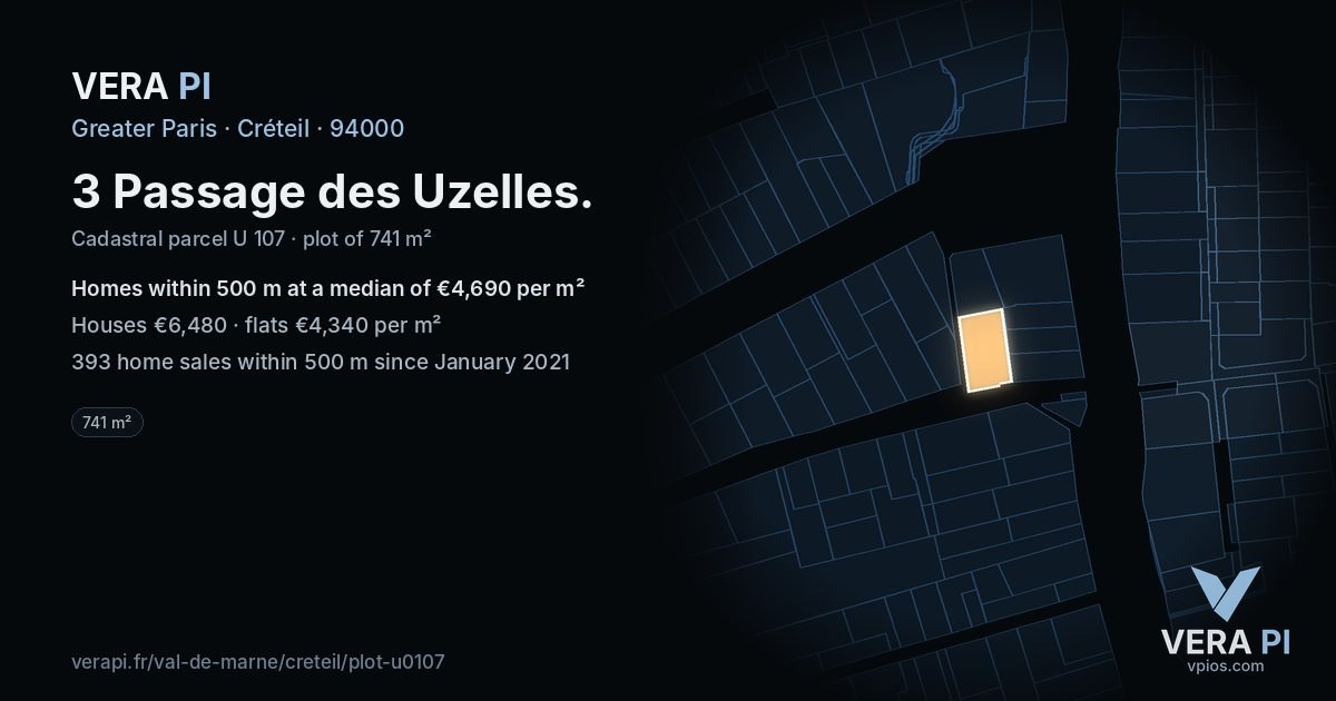 3 Passage des Uzelles, Créteil at night – the plot lit, the parcels around coloured by the prices near them