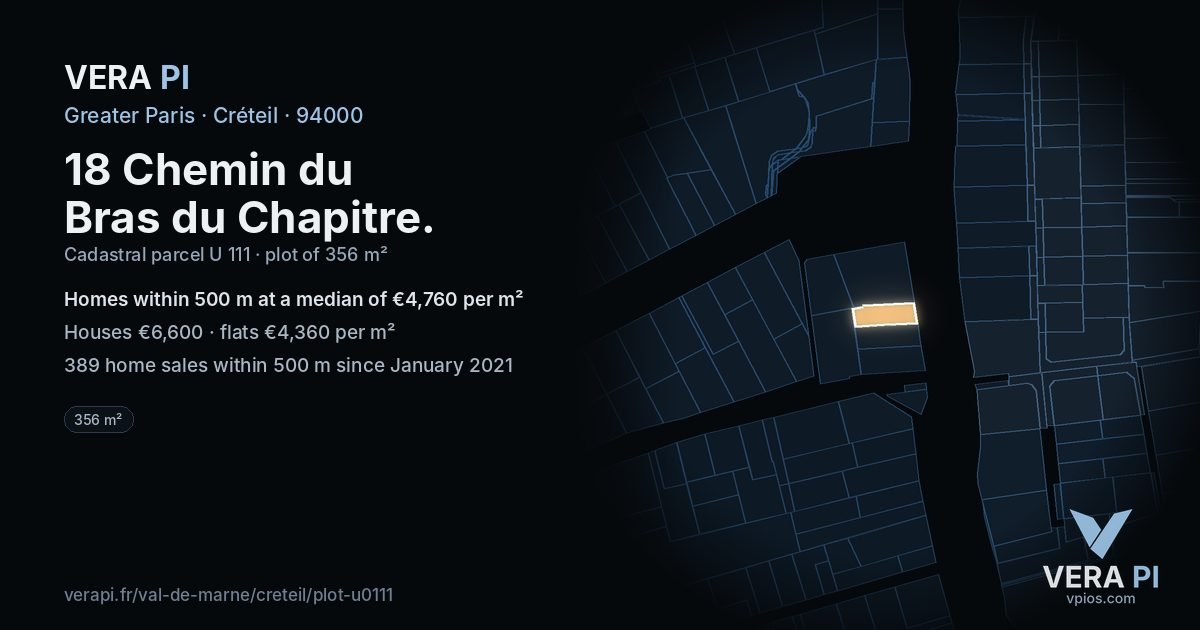 18 Chemin du Bras du Chapitre, Créteil at night – the plot lit, the parcels around coloured by the prices near them