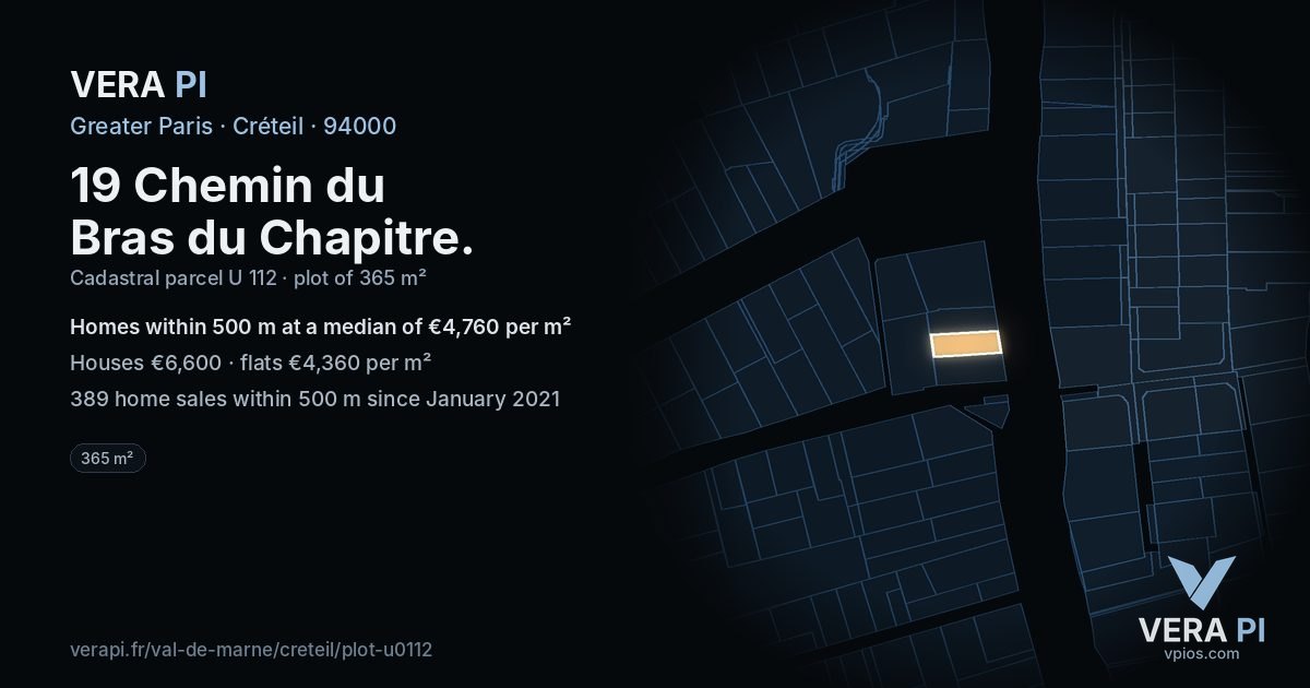 19 Chemin du Bras du Chapitre, Créteil at night – the plot lit, the parcels around coloured by the prices near them