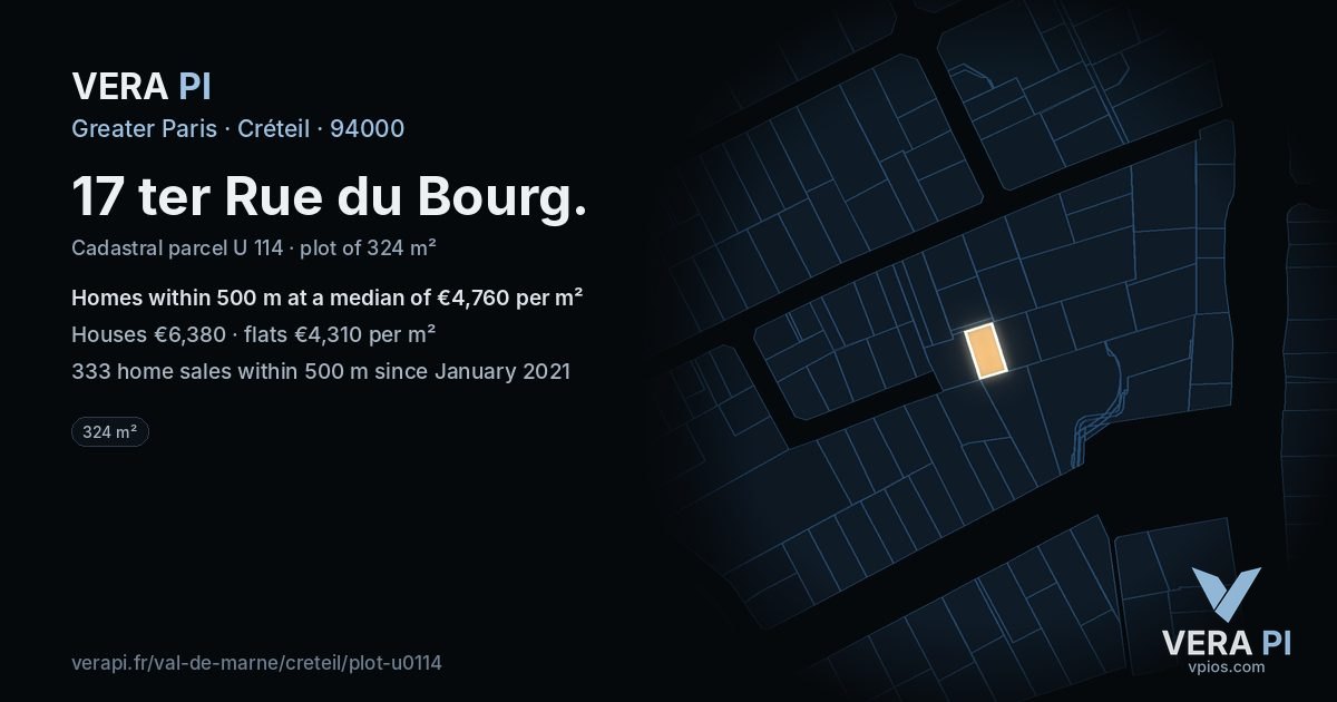 17 ter Rue du Bourg, Créteil at night – the plot lit, the parcels around coloured by the prices near them