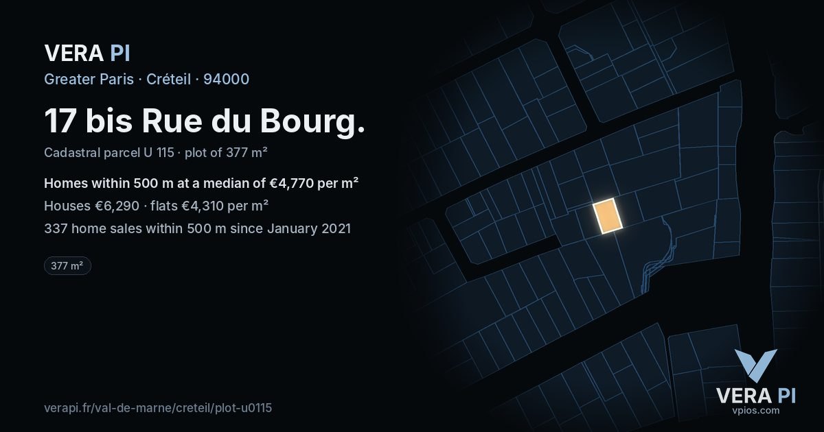 17 bis Rue du Bourg, Créteil at night – the plot lit, the parcels around coloured by the prices near them
