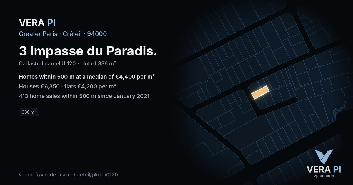 3 Impasse du Paradis, Créteil at night – the plot lit, the parcels around coloured by the prices near them