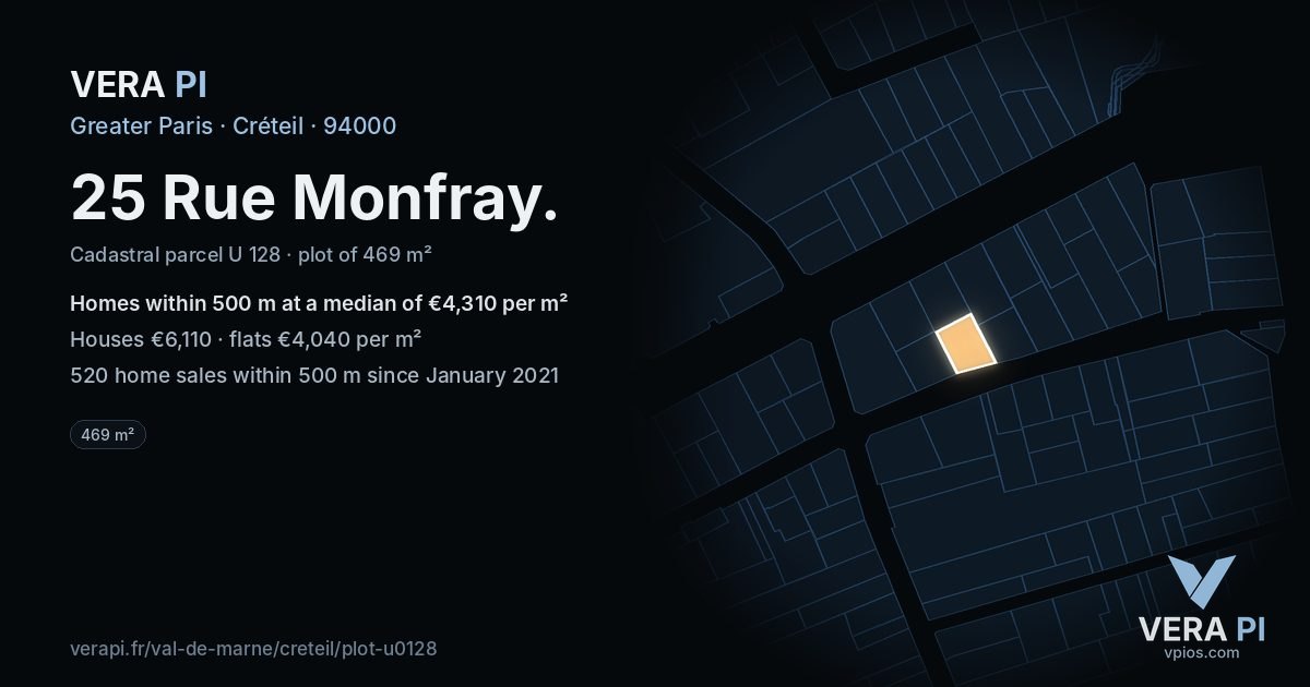 25 Rue Monfray, Créteil at night – the plot lit, the parcels around coloured by the prices near them