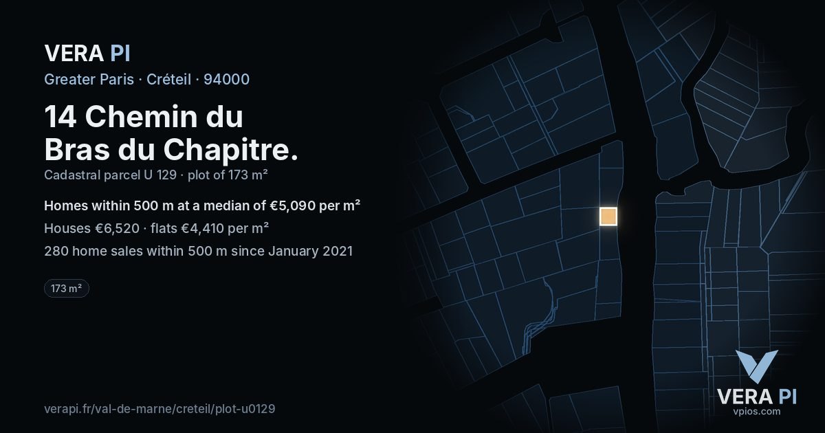 14 Chemin du Bras du Chapitre, Créteil at night – the plot lit, the parcels around coloured by the prices near them