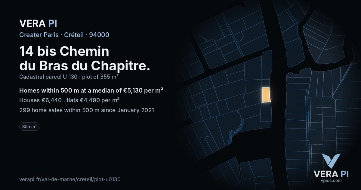 14 bis Chemin du Bras du Chapitre, Créteil at night – the plot lit, the parcels around coloured by the prices near them