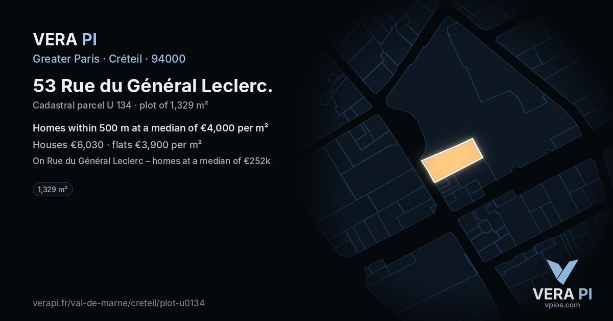 53 Rue du Général Leclerc, Créteil at night – the plot lit, the parcels around coloured by the prices near them