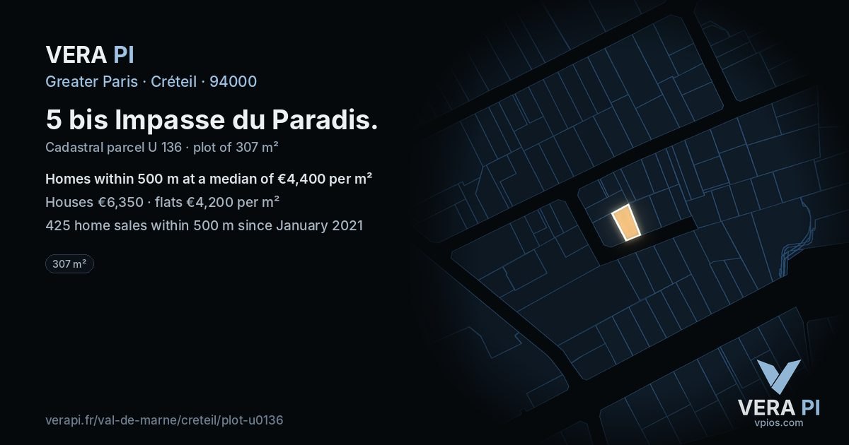 5 bis Impasse du Paradis, Créteil at night – the plot lit, the parcels around coloured by the prices near them