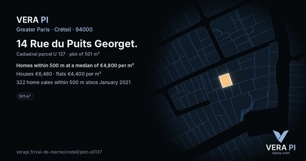 14 Rue du Puits Georget, Créteil at night – the plot lit, the parcels around coloured by the prices near them