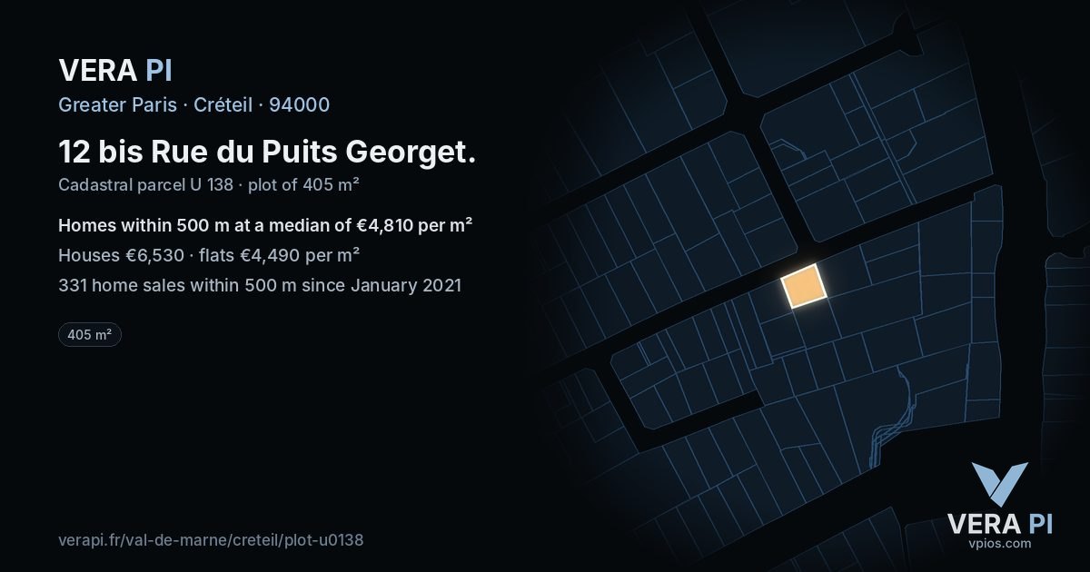 12 bis Rue du Puits Georget, Créteil at night – the plot lit, the parcels around coloured by the prices near them