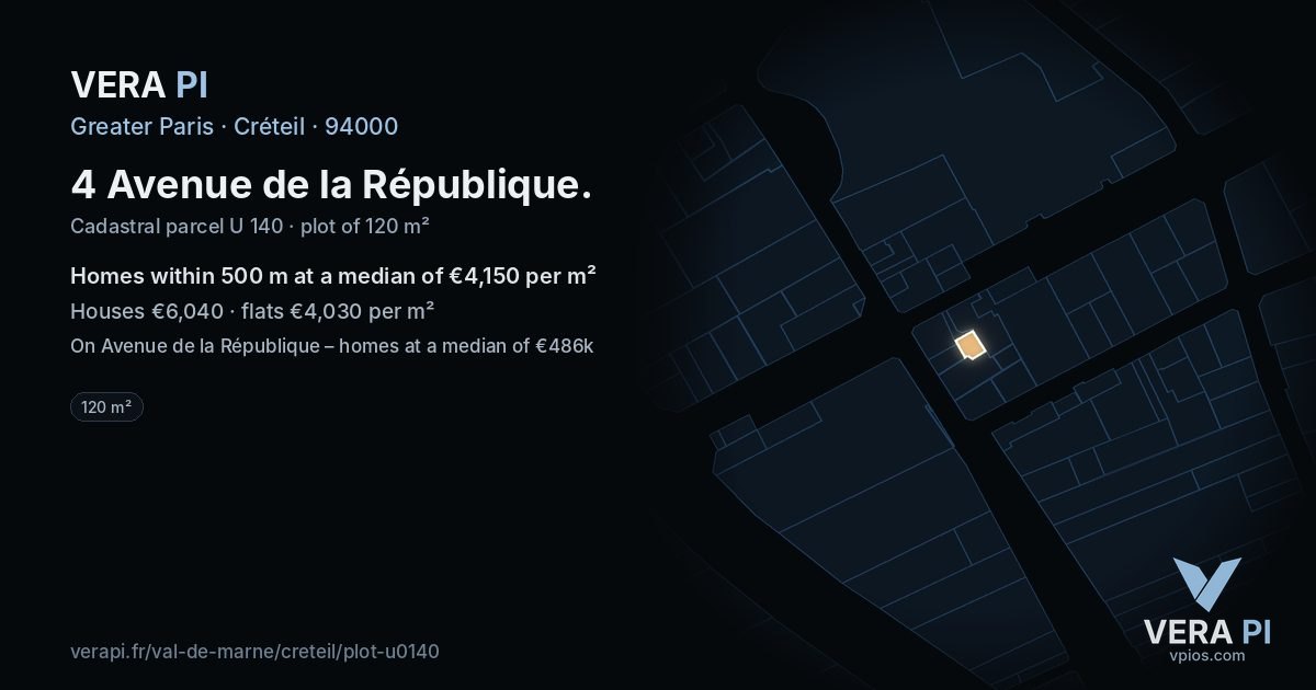 4 Avenue de la République, Créteil at night – the plot lit, the parcels around coloured by the prices near them