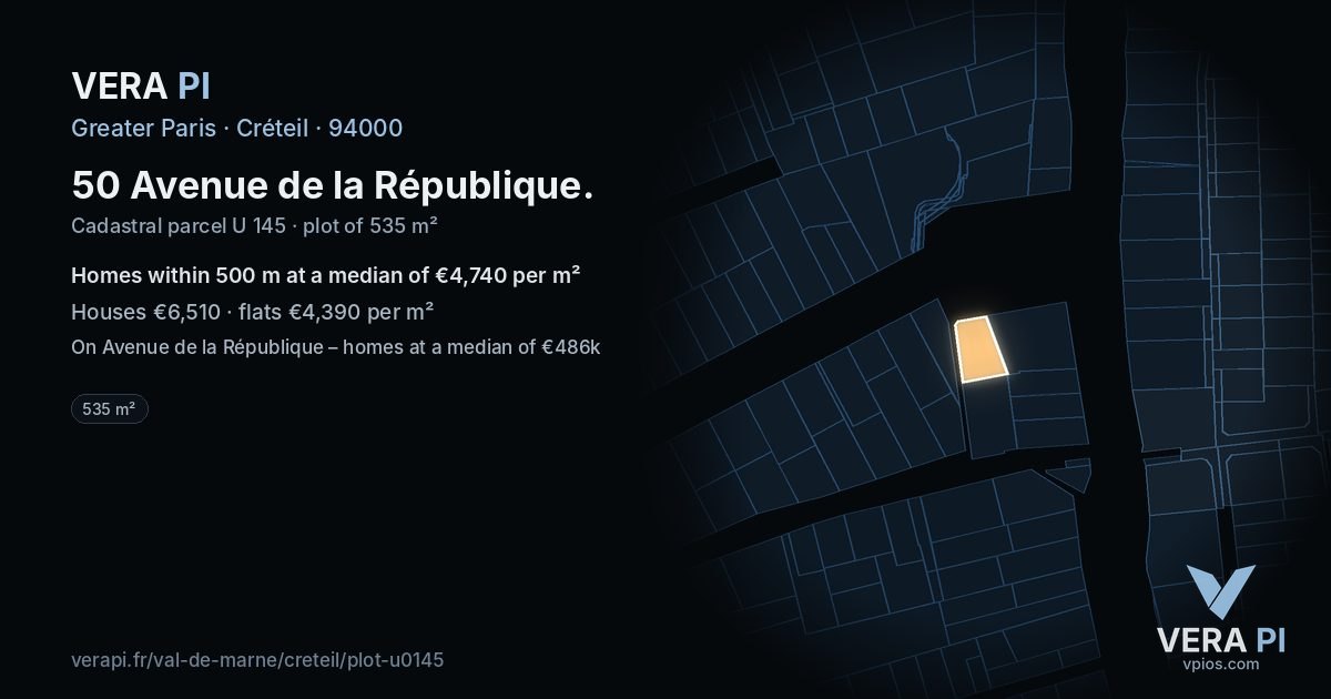 50 Avenue de la République, Créteil at night – the plot lit, the parcels around coloured by the prices near them