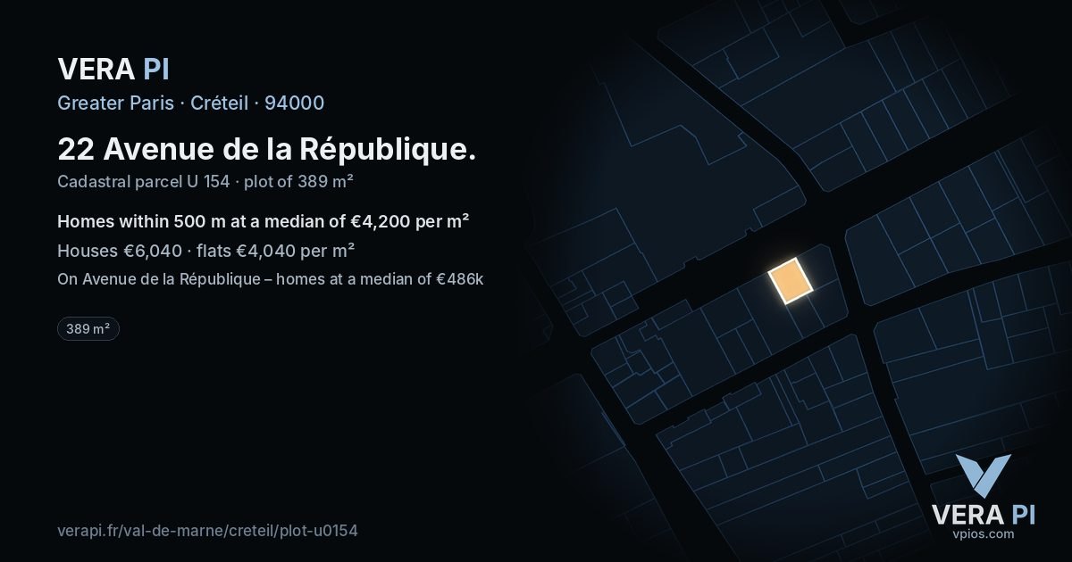 22 Avenue de la République, Créteil at night – the plot lit, the parcels around coloured by the prices near them