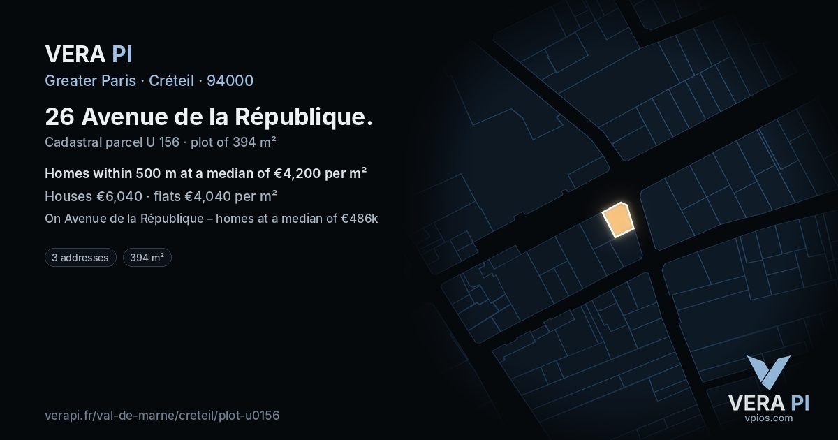 26 Avenue de la République, Créteil at night – the plot lit, the parcels around coloured by the prices near them