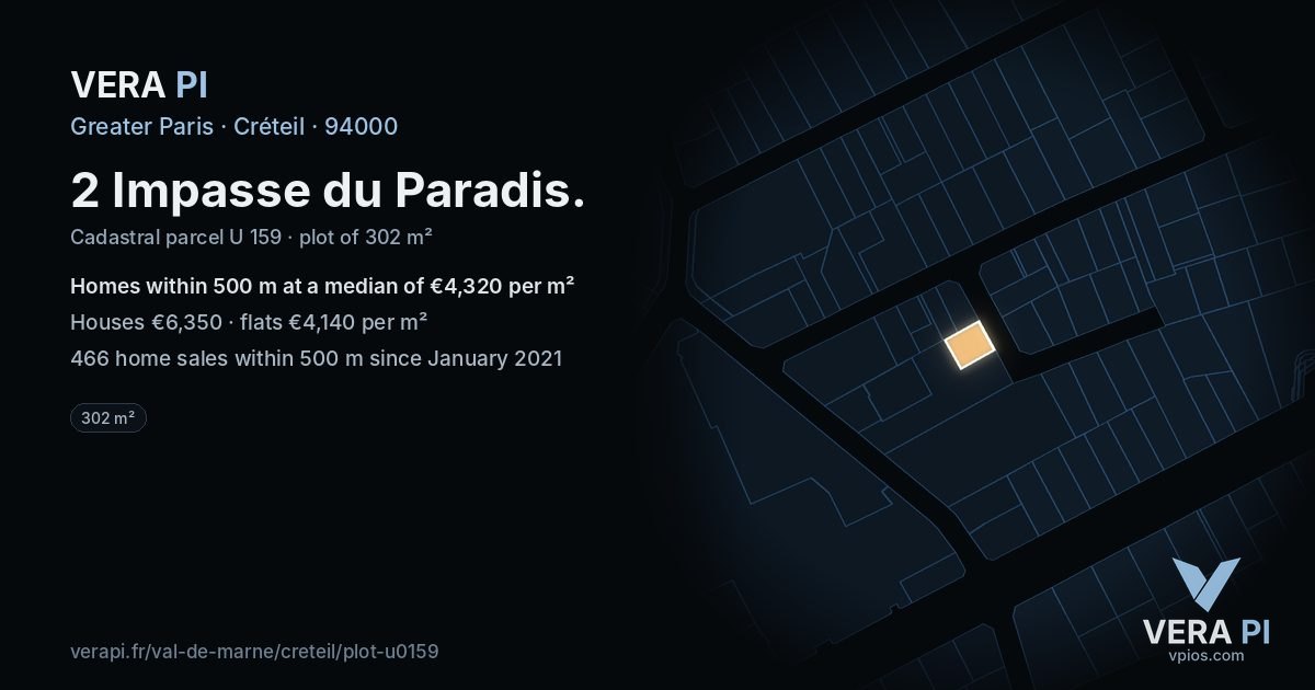 2 Impasse du Paradis, Créteil at night – the plot lit, the parcels around coloured by the prices near them