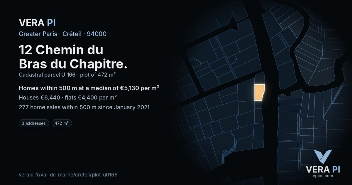 12 Chemin du Bras du Chapitre, Créteil at night – the plot lit, the parcels around coloured by the prices near them