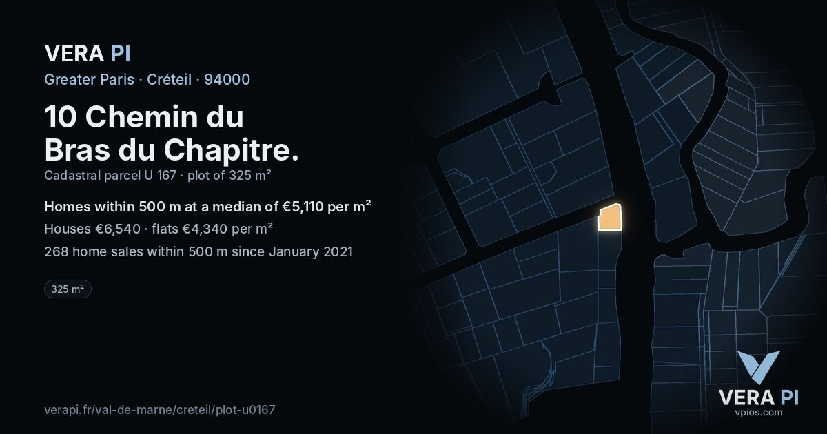 10 Chemin du Bras du Chapitre, Créteil at night – the plot lit, the parcels around coloured by the prices near them