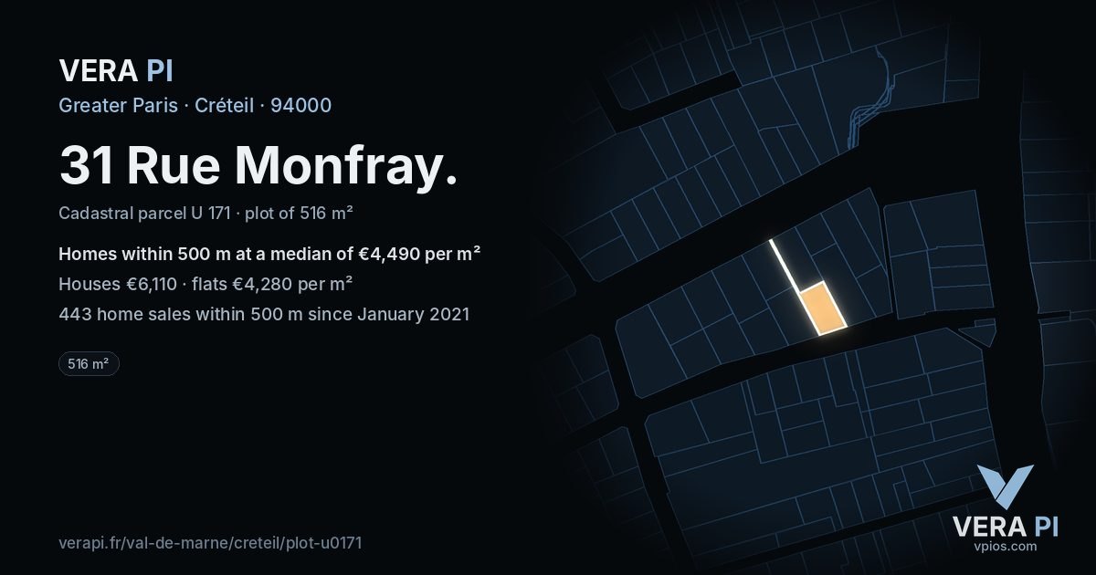 31 Rue Monfray, Créteil at night – the plot lit, the parcels around coloured by the prices near them