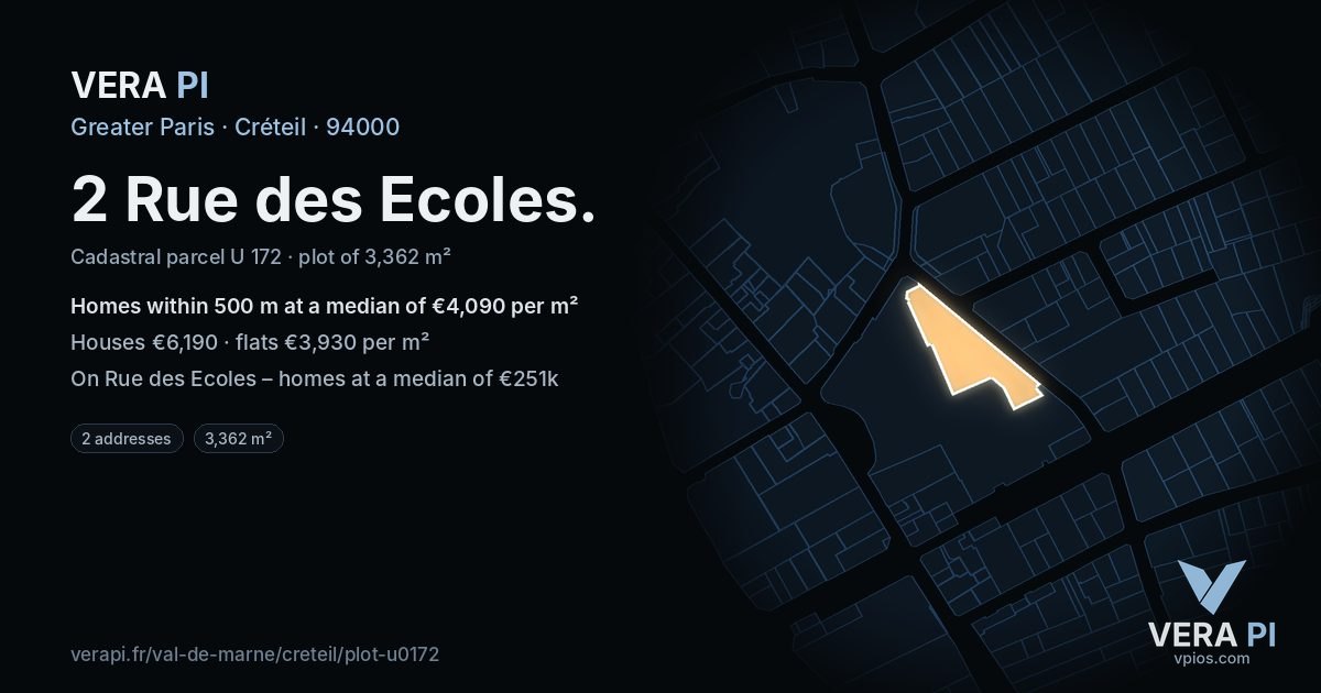 2 Rue des Ecoles, Créteil at night – the plot lit, the parcels around coloured by the prices near them