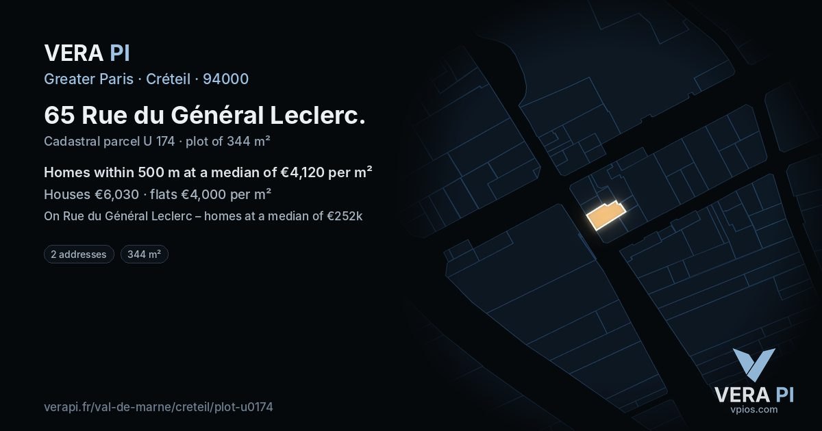 65 Rue du Général Leclerc, Créteil at night – the plot lit, the parcels around coloured by the prices near them