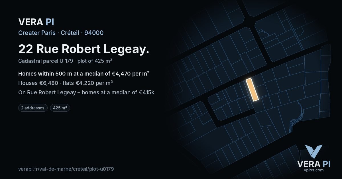 22 Rue Robert Legeay, Créteil at night – the plot lit, the parcels around coloured by the prices near them