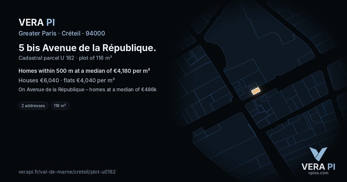 5 bis Avenue de la République, Créteil at night – the plot lit, the parcels around coloured by the prices near them