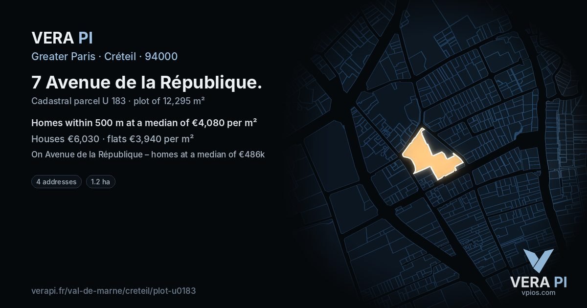 7 Avenue de la République, Créteil at night – the plot lit, the parcels around coloured by the prices near them