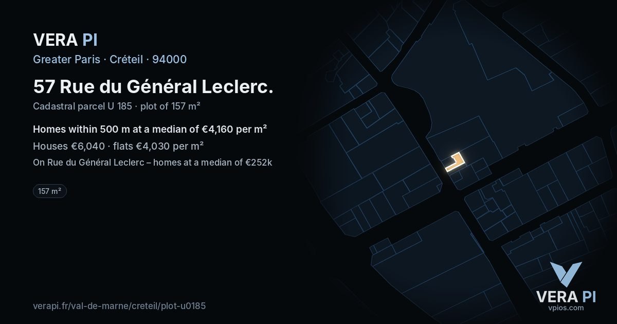 57 Rue du Général Leclerc, Créteil at night – the plot lit, the parcels around coloured by the prices near them