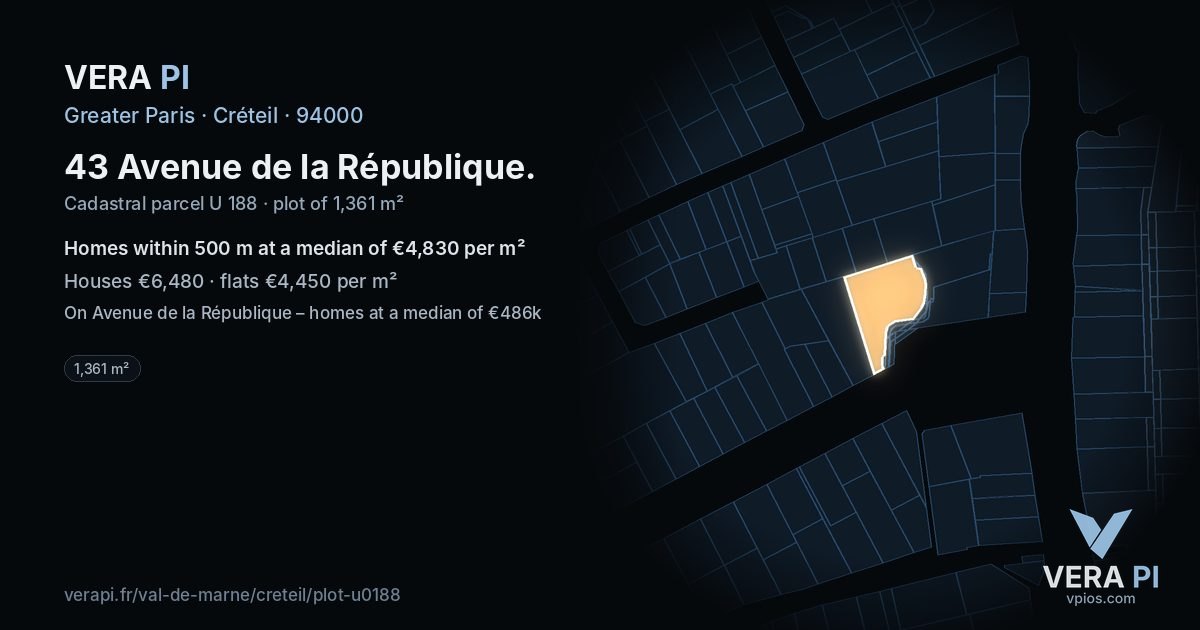 43 Avenue de la République, Créteil at night – the plot lit, the parcels around coloured by the prices near them