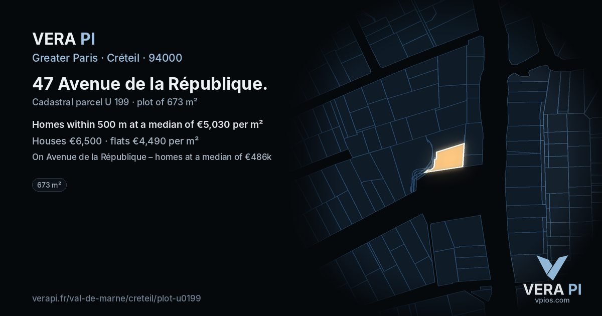 47 Avenue de la République, Créteil at night – the plot lit, the parcels around coloured by the prices near them