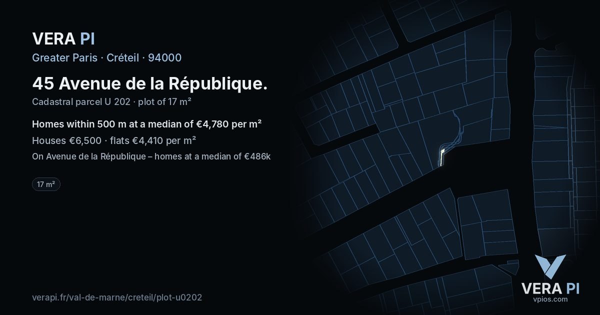 45 Avenue de la République, Créteil at night – the plot lit, the parcels around coloured by the prices near them