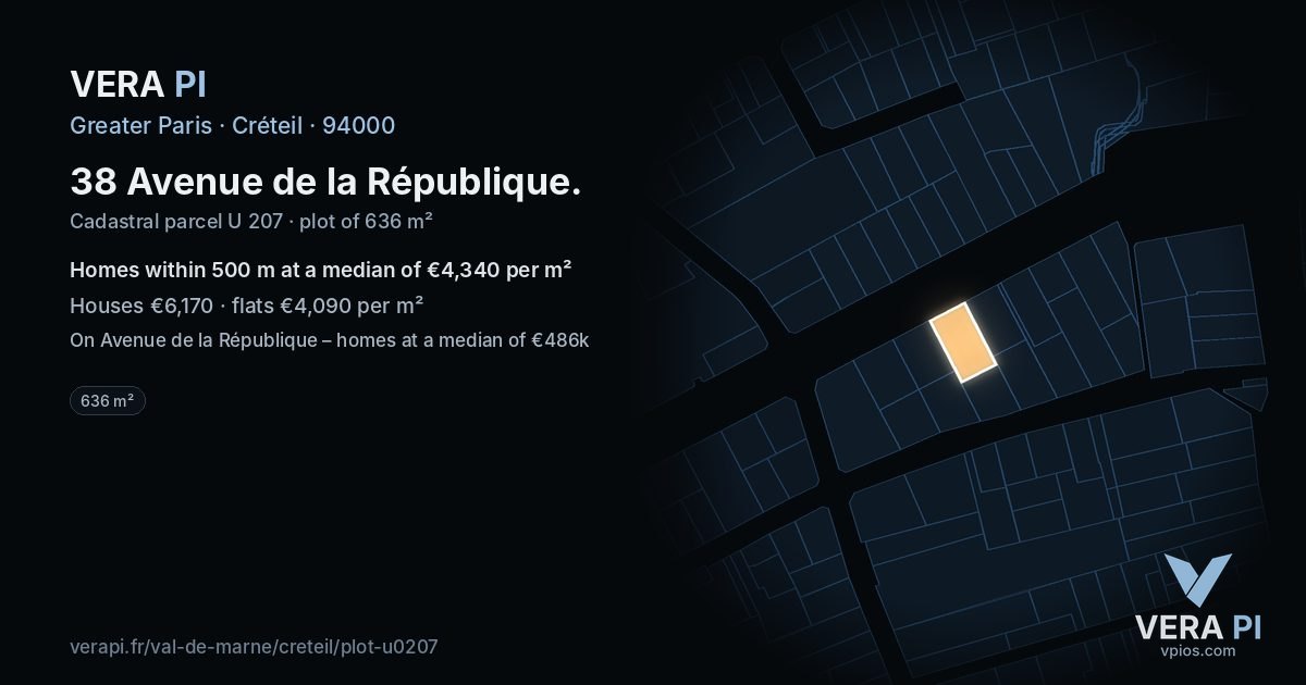 38 Avenue de la République, Créteil at night – the plot lit, the parcels around coloured by the prices near them
