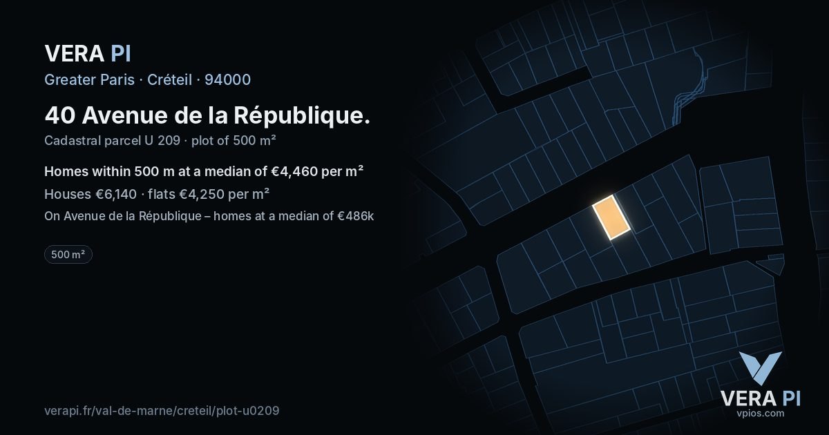 40 Avenue de la République, Créteil at night – the plot lit, the parcels around coloured by the prices near them