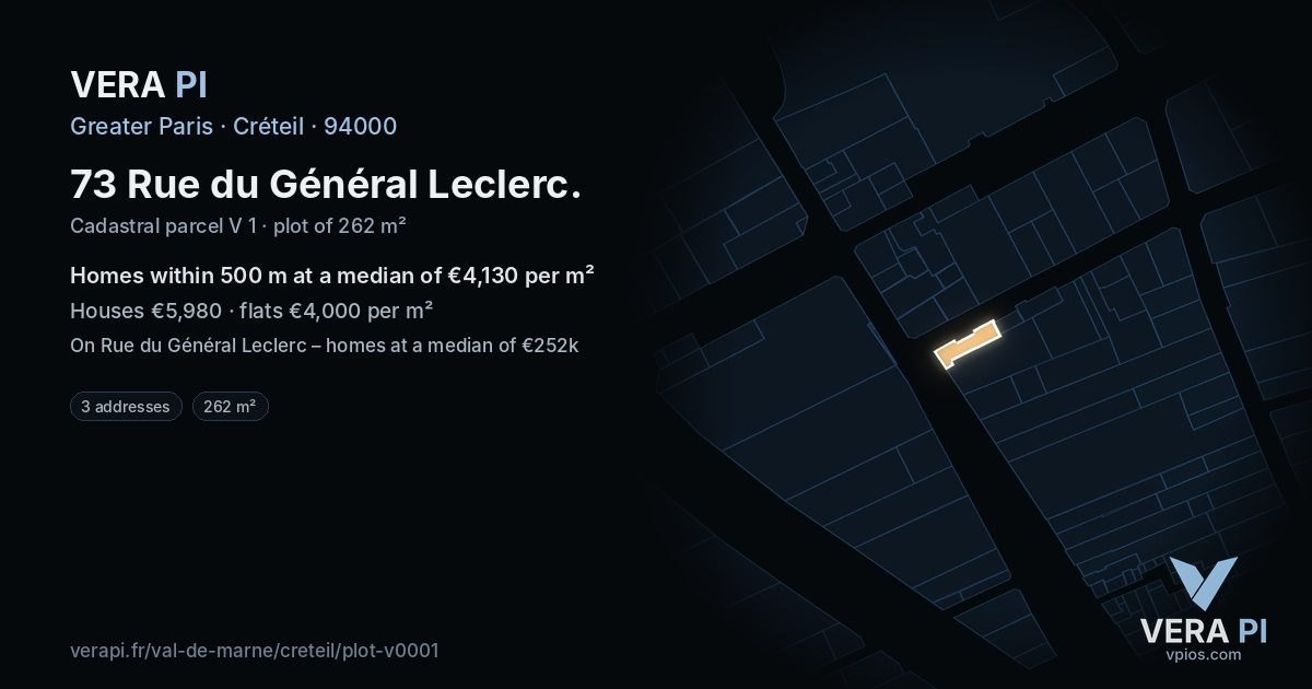 73 Rue du Général Leclerc, Créteil at night – the plot lit, the parcels around coloured by the prices near them